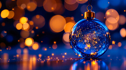 Obraz premium A vibrant blue Christmas bauble ornament adorned with starry lights against a backdrop of warm bokeh, capturing the festive spirit and holiday glow.