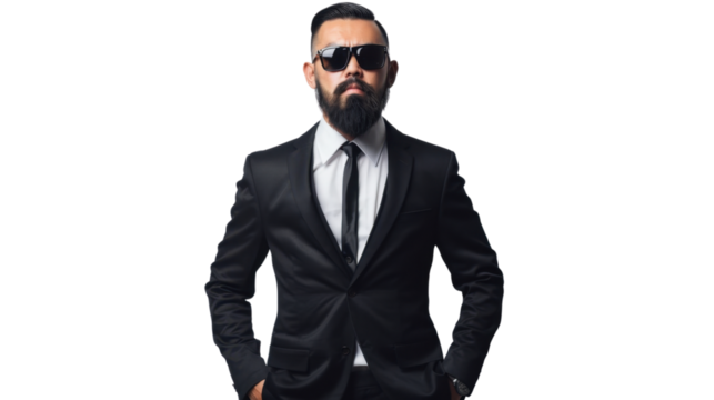 Serious bodyguard young mexican man beard dark sunglasses black suit on white background
 - Powered by Adobe