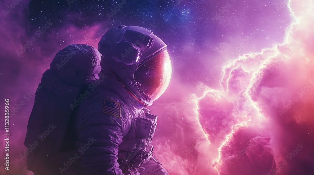 Poster An astronaut in a vibrant cosmic scene with lightning and colorful clouds.