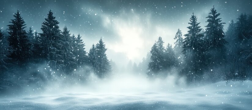 Snowy winter forest scene with fog and falling snow.