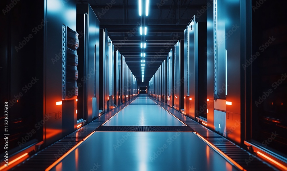 Poster Futuristic data center corridor with illuminated racks and sleek design.