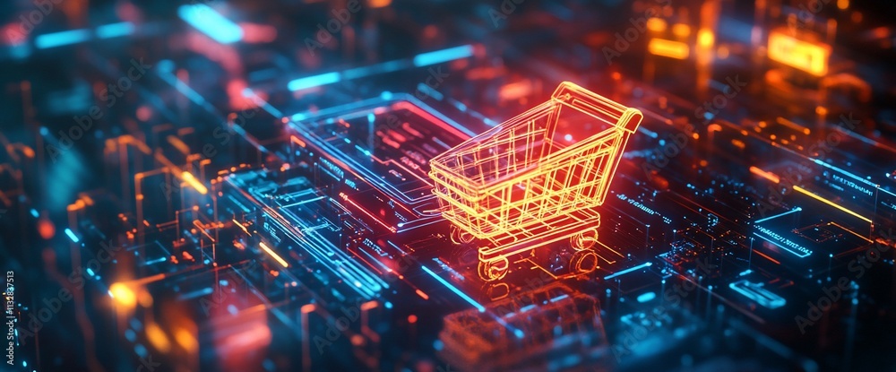 Poster digital shopping cart illustration in a futuristic tech environment.