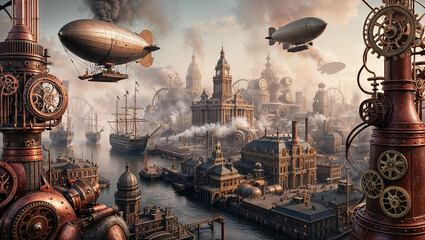 Creative Steampunk City with Airships, Factories, Riverboats and Towers