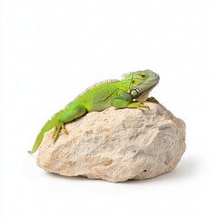 Fototapeta premium A Beautiful Green Iguana Basking on a Rock Against a Solid White Background