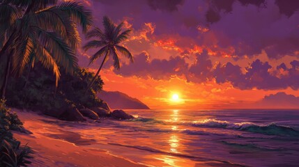 Scenic tropical island with golden sands, gentle surf, and an ethereal orange and purple sunset