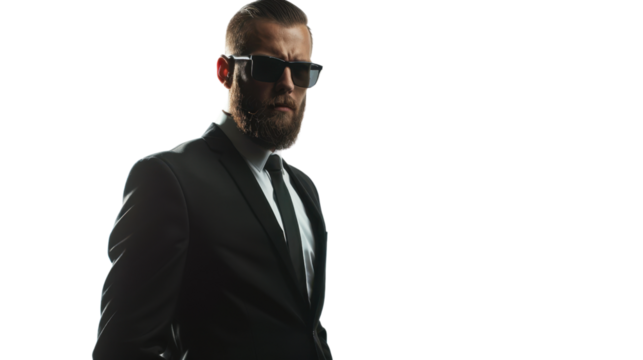 Serious bodyguard young american caucasian man beard dark sunglasses black suit on white background
