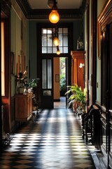 Fototapeta premium Elegant Hallway With Checkered Floor And Antique Furnishings