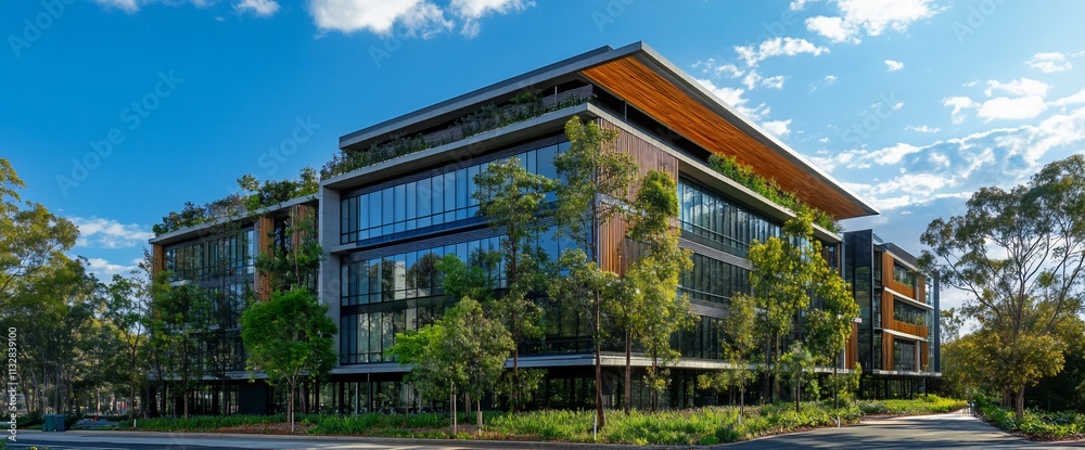 Poster modern architectural building with greenery and large glass windows.