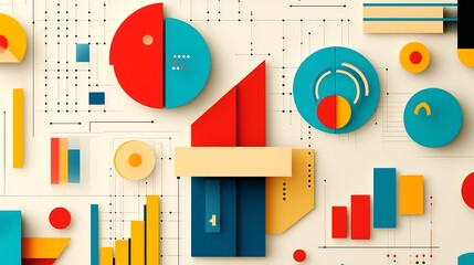 A clean and modern infographic background for stock images, highlighting key business metrics with vibrant bar graphs, pie charts, and numerical data points