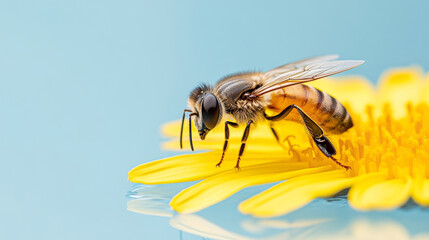 Close-up of a honey bee pollinating a yellow flower with a light blue background, highlighting the importance of bees in nature