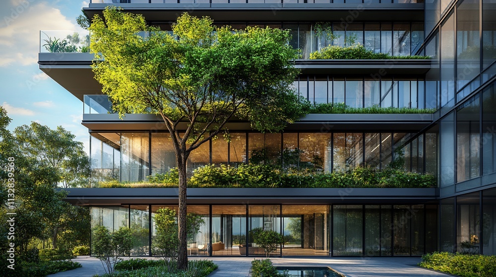 Poster modern architectural design featuring greenery and large glass windows.