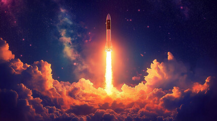 Obraz premium Thrilling Space Journey Begins Rocket Pierces the Night