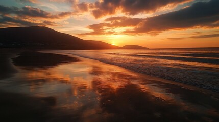 Serene beach sunset reflecting on calm waters with distant mountains.