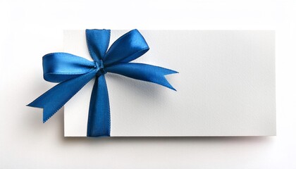 A white clear paper card with a blue ribbon bow on a side on white background