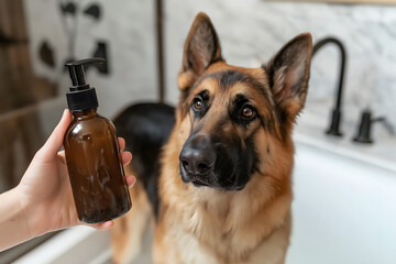 Dog grooming essentials hand holding shampoo bottle with dog in bathroom setting for care