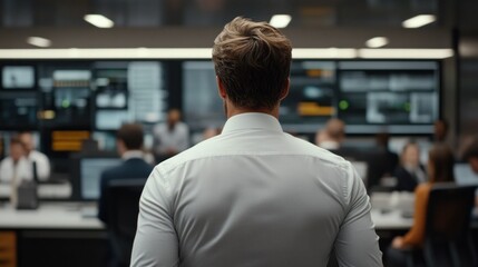 Fototapeta premium A person in a white shirt stands in front of a high-tech workspace, observing a busy environment filled with screens and colleagues.