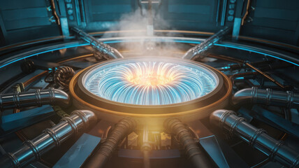 Obraz premium A futuristic energy core featuring vibrant blue and orange illumination, surrounded by metallic pipes and technological elements, creating a dynamic and powerful atmosphere.