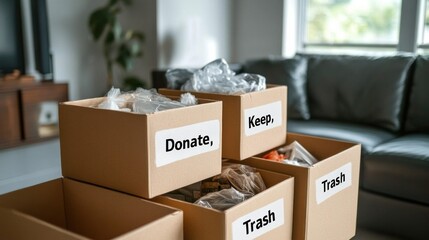 A tidy scene showing labeled boxes for organizing items: "Donate," "Keep," and "Trash," indicating a decluttering process in a living space.