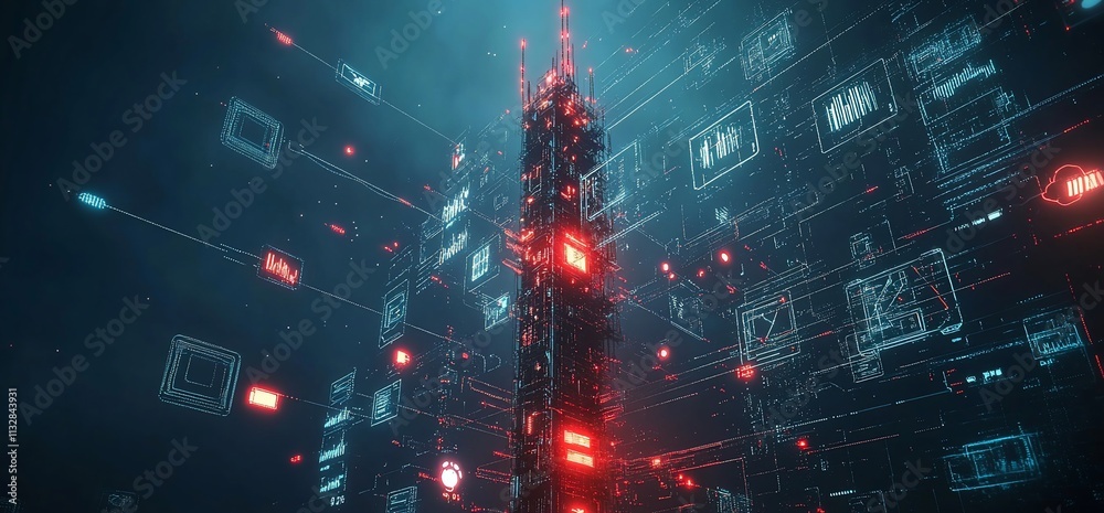 Poster a futuristic digital tower surrounded by glowing data elements and grids.