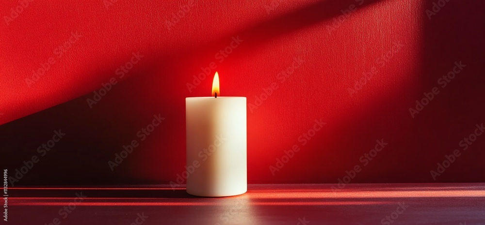 Aufkleber a lit candle on a surface with a red background, casting soft shadows.