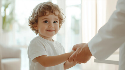 Happy toddler holding a parent's hand while chatting with a doctor in a bright, welcoming medical office, radiating trust and comfort