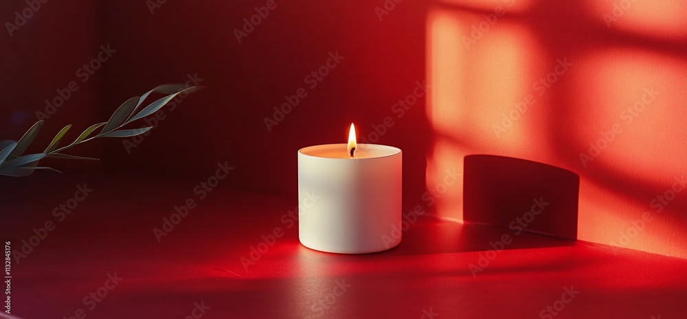Poster a lit candle on a red surface, creating warm ambiance and shadows.