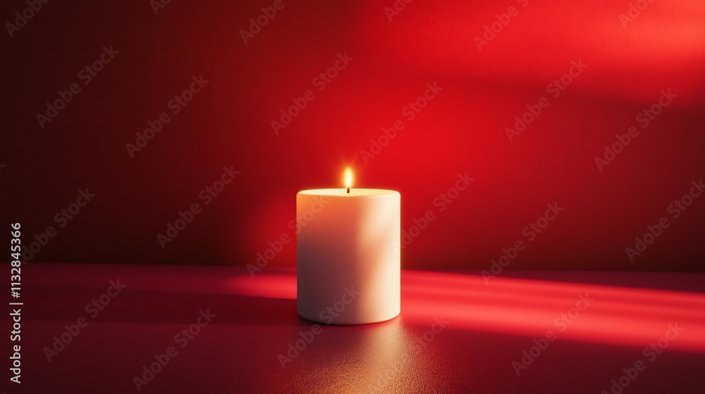 Poster a lit white candle on a red background, creating a warm and calming ambiance.