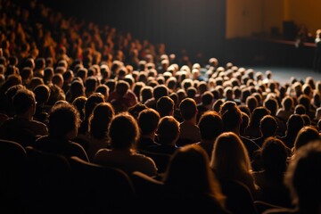 Obraz premium Dark theater, audience watching performance, seated rows.