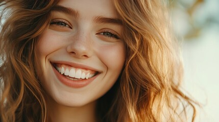 Fototapeta premium Beautiful white smiling latin woman with long shiny wavy hair