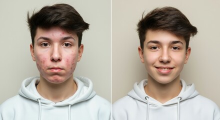 Fototapeta premium Transformation and skincare journey of a young caucasian male teen