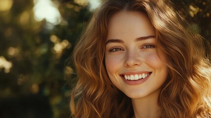 Naklejka premium Beautiful white smiling latin woman with long shiny wavy hair
