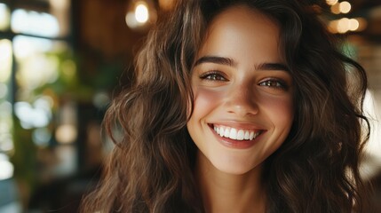 Beautiful white smiling latin woman with long  shiny wavy hair