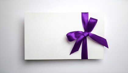 A white clear paper card with a purple ribbon bow on a side on white background