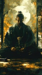 A serene samurai meditates under a moonlit autumn sky, holding a small bowl.