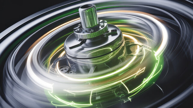 Close-up of a sleek, spinning electric motor with vibrant green and yellow light trails, showcasing modern engineering and technology in motion.
