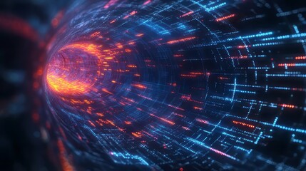 Fototapeta premium Surreal cyber technologic digital tunnel design, neon light streaks motion graphics. Hypnotizing tunnel pov/fpv flight. High speed moving through glowing corridor. Binary code matrix particles