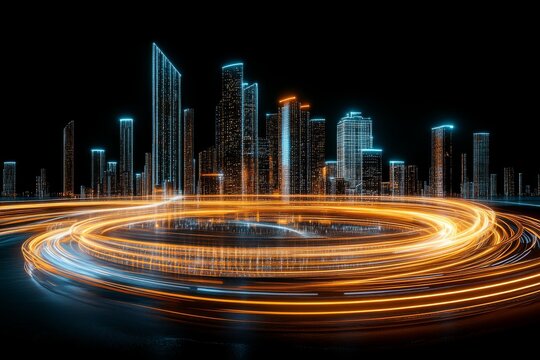  L&iacute;neas circulares de luz naranja y azul girando frente a un fondo urbano futurista con rascacielos iluminados.

