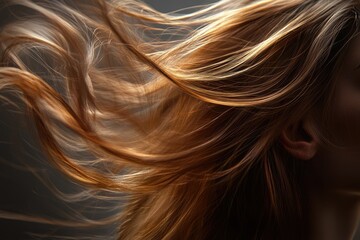Fototapeta premium Long, flowing auburn hair gently moves in the breeze, showcasing its shine and texture.