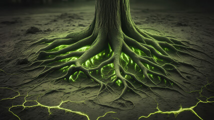 A close-up view of an ancient tree's roots, glowing with an eerie green light. The mystical scene evokes a sense of mystery and nature's hidden power.