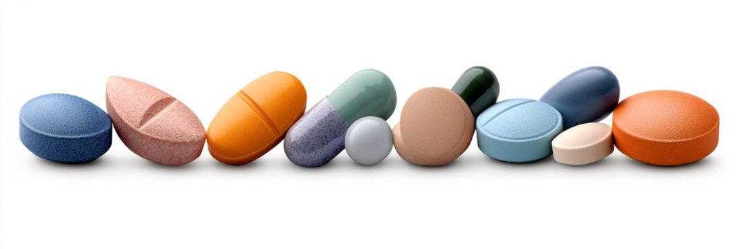 Una fila de p&iacute;ldoras multicolores de distintas formas y tama&ntilde;os, destacadas sobre un fondo blanco limpio y minimalista.
