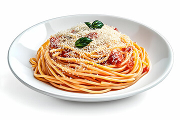 Delicious plate of spaghetti topped with rich tomato sauce, sprinkled with cheese and fresh basil leaves on a clean background