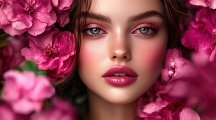 Fototapeta premium face of a beautiful model girl with fashion pink fuchsia makeup. 