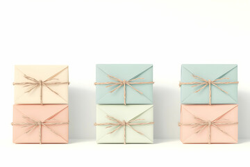Elegant pastels gift boxes stacked neatly with twine on a clean white background for festive occasions and celebrations
