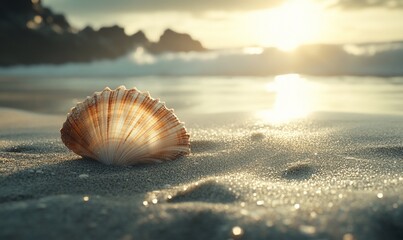 A seashell rests on a sandy beach with a sunset in the background.