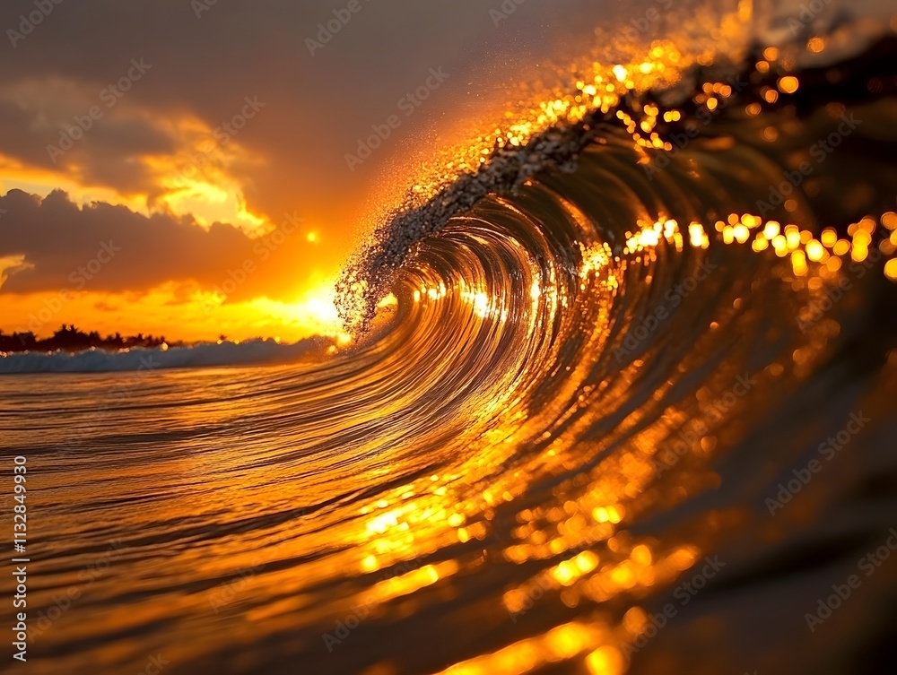 Poster captivating golden wave at sunset with sparkling water and dramatic sky colors creating a serene coa
