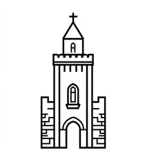 black line drawing of an ancient castle tower on white