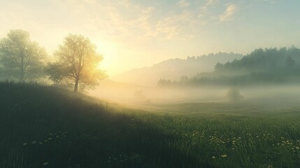 Misty Morning Meadow Sunrise Golden Light Trees