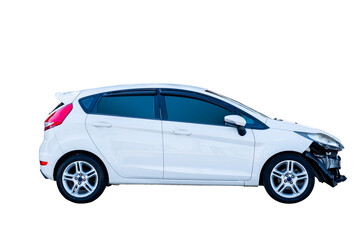 Car crash, Side of white car get hard damaged by accident on the road. damaged cars after...