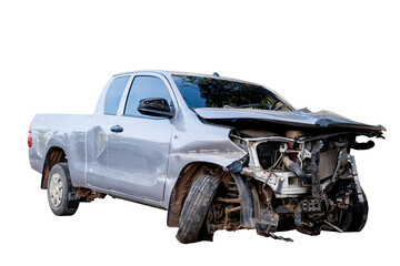 Car crash, Front and Side view of new black pickup car get damaged by accident on the road. damaged cars after collision. isolated on transparent background, PNG File © ISENGARD