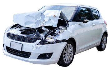 Car crash, Full body of front and side view white car get damaged by accident on the road. damaged...